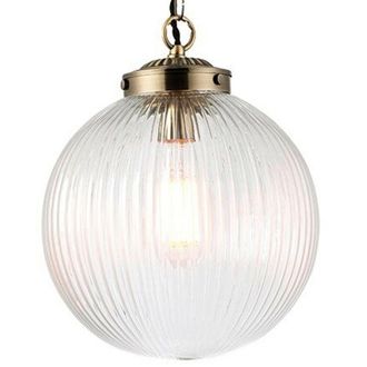 Loops Hanging Ceiling Pendant Light BRASS & RIBBED GLASS Large Round Lamp Shade Holder in Clear