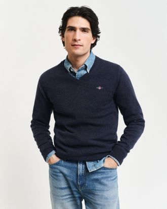 GANT Men Superfine Lambswool V-Neck Sweater (XL) DARK NAVY MELANGE