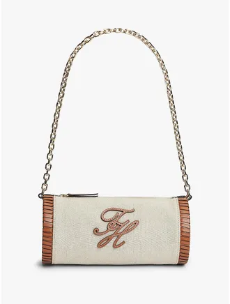 Tommy Hilfiger Womens Script Monogram Linen Chain Strap Bag - Beige