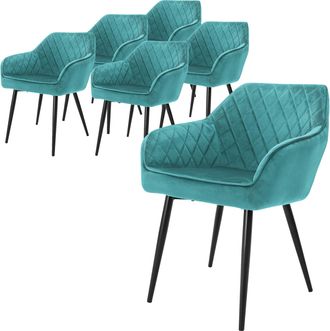 ML Design Ml-design - Set 6x Sillas De Comedor Azul Turquesa, Petr&oacute;leo Moderno Asiento Tapizado Aspecto De Terciopelo Patas De Metal Negras Con Respaldo Y Apoya