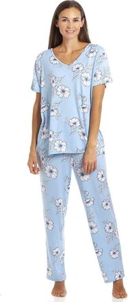 Camille Womens Stunning Floral Print Short Sleeved Pyjama Set - Ladies Lightweight Full Length Pyjama - Comfortable & Breathable Summer Nightwear Blue 10-12