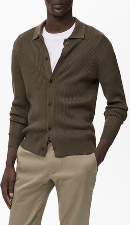 Mango Ribbed Full Button Cardigan in Khaki Green at Nordstrom, Size X-Large