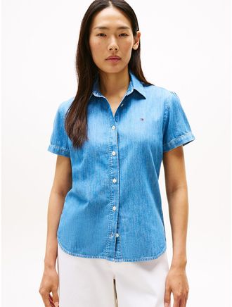 Tommy Hilfiger Womens Chambray Puff-Sleeve Shirt - Blue - XXL