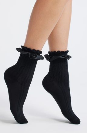 Casa Clara Love Chelsea Ruffle Cotton Blend Pointelle Crew Socks in Black at Nordstrom