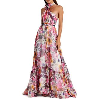 Mac Duggal Asymmetrical Ruffled Halter Floral Gown in White Multi at Nordstrom, Size 12