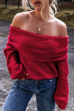 Azura Exchange Womens Red Offtheshoulder Ribbed Knit Sweater Cotton - Size X-Large