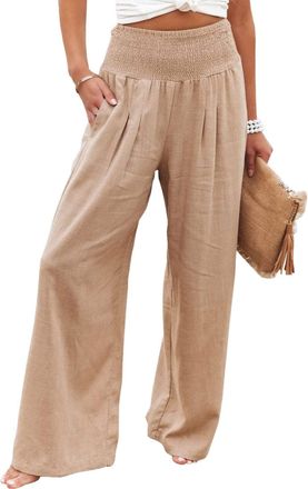 Generic Wide Leg Trousers for Women UK Cotton Linen Long Lounge Elastic High Wasited Palazzo Pants Ladies Casual Baggy Summer Loose Petite Yoga Trousers with 