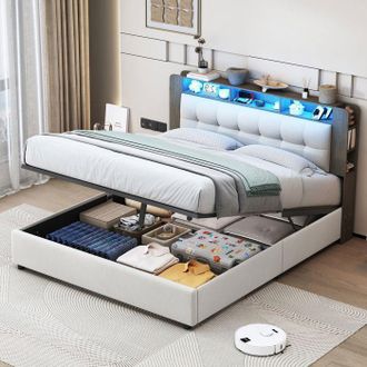 OEM Estructura De Cama Con Arc&oacute;n 160x200 Cm De Terciopelo Blanco Con Led Integrada Y Almacenamiento Hidr&aacute;ulico