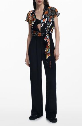 Desigual Mix Print Jumpsuit with Tie Front in Black at Nordstrom, Size Medium