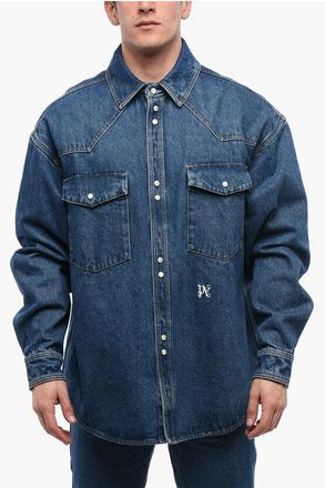 Palm Angels Mens Dark Washed Denim Jacket with Embossed Monogram in Blue Cotton - Size Medium