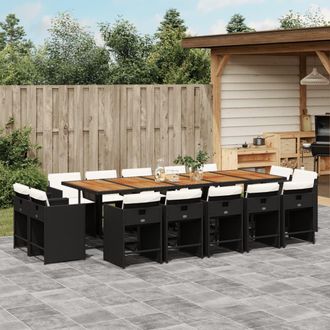 vidaXL Set Comedor De Jard&iacute;n Con Cojines 15 Pzas Rat&aacute;n Sint&eacute;tico Negro