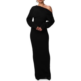 Naked Wardrobe One-Shoulder Long Sleeve Maxi Sweater Dress in Black at Nordstrom, Size Large