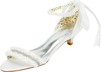 Emily Bridalwear 100-5 Womens Wedding Shoes Open Toe 1.57 Inches Kitten Heel Satin Sandals with Rhinestone Imitation Pearl Bowknot Bridal Shoes (EU41/UK7.5, Ivory)