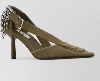 Prada canvas pumps slingback pointed toe embellished heel