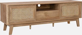 Sweeek Mueble Tv Con Puertas Correderas, Taquilla, Estante Efecto Madera Y Ca&ntilde;a 150cm