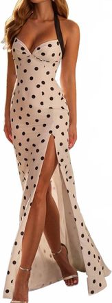 Sherri Hill Halter Fitted Polka Dot Gown In Ivory/black