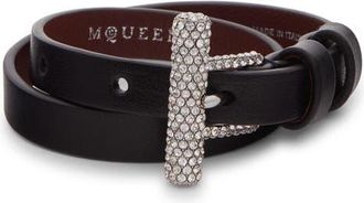 Alexander McQueen Crystal Pavé T-Bar Leather Wrap Bracelet in Black/Crystal at Nordstrom