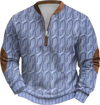 Generic Mens Sweatshirts Male Chunky Knit Sweater Sweatshirt Zipper Long Sleeve Printed Collarless And Hoodless Sweatshirt (Light Blue, M)
