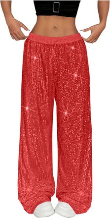 Generic Sequin Trousers for Women UK Glitter Sparkly Trousers Flare Pants Elegant Shiny Bling Bell Rhinestone Sequined Wide Leg High Waist Loose Sparkly Jeans