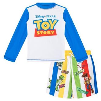 Disney Toy Story Swimwear 2-Piece Rash Guard and Swim Trunks Set in Toy Story Blue Stripe at Nordstrom, Size 18M