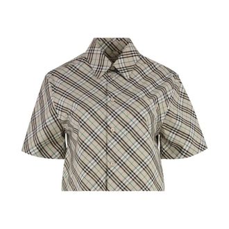 Burberry Korte Mouw Geruite Overhemd - Dames - Blouses & Shirts - Grijs - Maat: 3XS Katoen