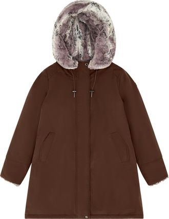 Canadian Brown Short Coat with Plush Faux Fur-Lined Hood