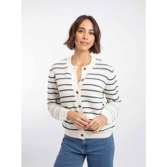Weird Fish Romilly Pointelle Striped Cardigan in Light Cream at Nordstrom, Size 14
