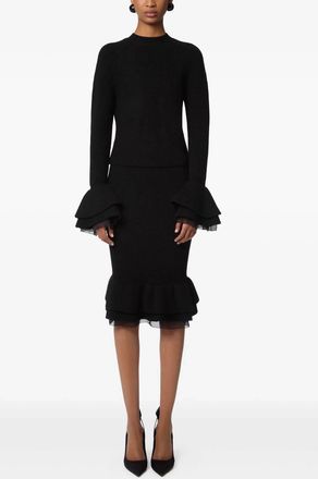 Nina Ricci Round Neck Layered Mix Ruffled Wool Knit Top In Black