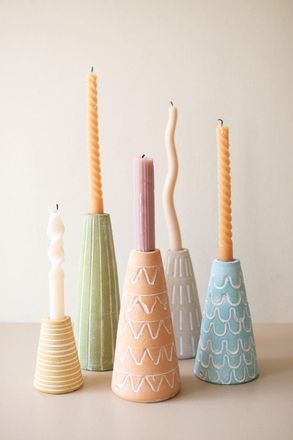 Kalalou Set Of Five Assor Painted Clay Party Hat Taper Holders