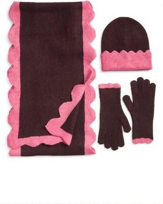 Treasure & Bond Scalloped Scarf, Beanie & Gloves Set in Burgundy Fudge- Pink at Nordstrom Rack