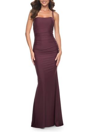 La Femme Simple Ruched Jersey Dress with Lace Up Back in Wine at Nordstrom, Size 00