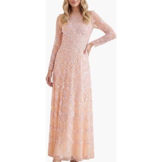 Needle & Thread Freya Long Sleeve Gown in Apricot Blush at Nordstrom, Size 16