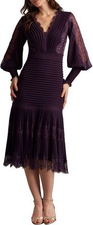 Tadashi Shoji Lace Pintuck Long Sleeve Cocktail Dress in Eggplant at Nordstrom, Size 14