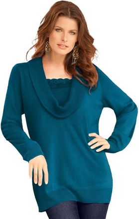 Roaman's Plus Size Lightweight Cowl Neck Sweater With Lace Trim in Deep Teal at Nordstrom, Size Medium