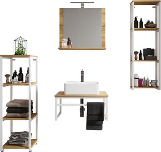 VCM 5 pz Lavabo Bagno Mobili Set Lavello Legno Metallo Stile Industriale Bitila 60 V2 (Rovere Bianco/Miele)