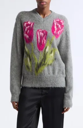Maison Margiela Floral Brushed Wool & Alpaca Blend Sweater in Grey/ecru/burgundy/green at Nordstrom, Size Medium