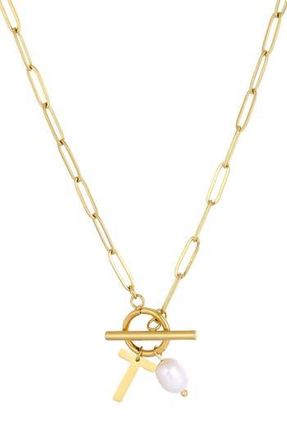 Adornia 18K Gold Plated Pearl & Initial Toggle Pendant Necklace in White/Gold-T at Nordstrom Rack