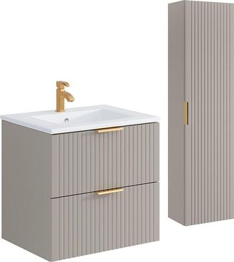 Vente-Unique Mueble de ba&ntilde;o estriado con lavabo encastrado y columna - Color beige - 60 cm - ZEVARA