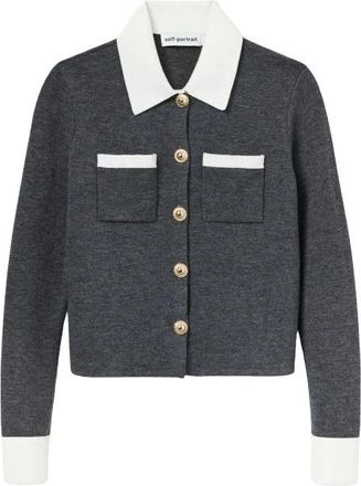 Self Portrait Jassen, Dames, Grijs, L, Wol, Grijs Cardigan met Contrastkraag