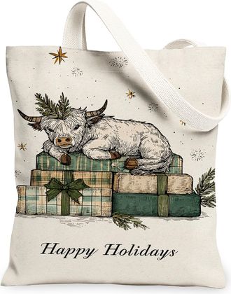Generic Cow Holiday Canvas Tote Bags, Festive Animal Print Reusable Grocery Bags, Winter Rustic Lightweight Washable Shoulder Strap, Beige, 13x15 Inch