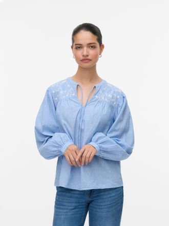 Vero Moda Blusenshirt VERO MODA VMNIKA LS TOP WVN GA NOOS, Damen, Gr. XS, weiss (cashmere blau stripes:hellwei&szlig;), Web, Obermaterial: 100% Baumwolle, gestreift, 