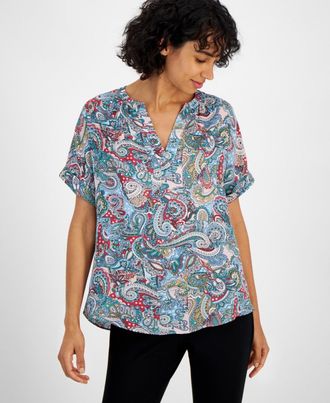 T Tahari Top Womens Royal Paisley Printed Rolled Cuff Split Neck FTS1167