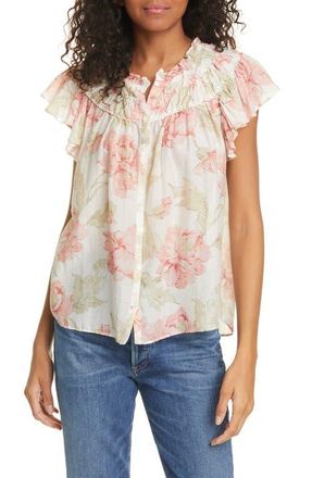 Rebecca Taylor Peonies Floral Print Cotton & Silk Top in Cream Combo at Nordstrom, Size Large
