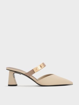 Charles & Keith Lando Pointed-Toe Metallic-Buckle Heeled Mules