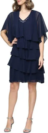 S.L. Fashions Tiered Ruffle Chiffon Dress with Jacket in Navy at Nordstrom, Size 10