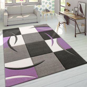 Paco Home Paco Home Alfombra De Diseño Moderna Contorneada En Colores Pastel Con Estampado Cuadriculado En Beige Y Lila 160x230 cm