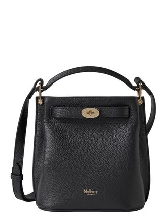 Mulberry Islington Mini Black Bucket Bag With Turn-Lock Closure And Logo In Textured Leather Woman