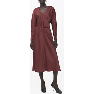 Mango Long Sleeve Satin Midi Dress in Maroon at Nordstrom, Size 6