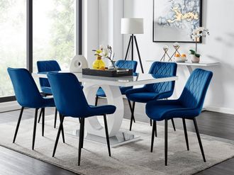 Furniturebox Giovani 6-Seater Grey Glass Dining Table & 6 Pesaro Soft Velvet Dining Chairs in Navy