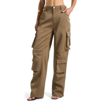 Mani&egrave;re De Voir Emilie Satin High Waisted Cargo Pants in Dark Olive at Nordstrom, Size 12
